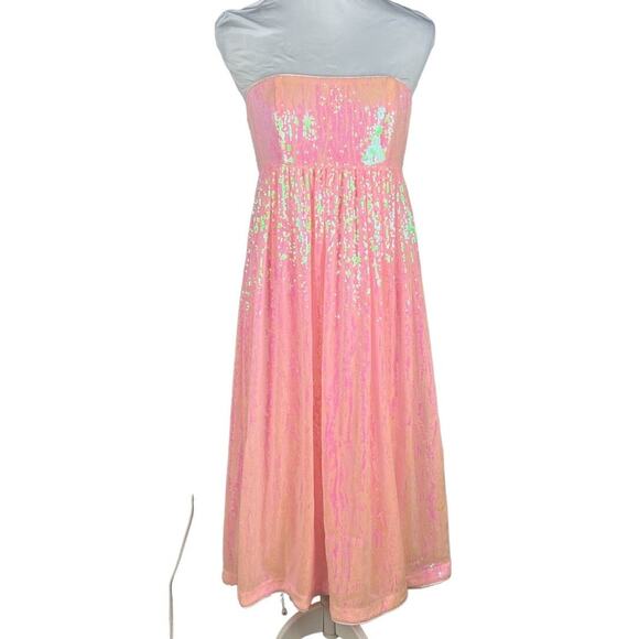 Size M Midi Dress Babydoll Strapless Sequin Fairy Glam Coquette Feminine Pink - Picture 1 of 9